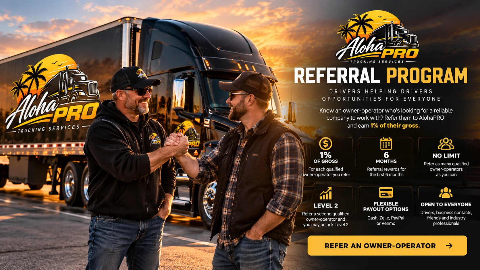 Illustrated AlohaPRO referral promotion featuring two truckers and a branded semi-truck